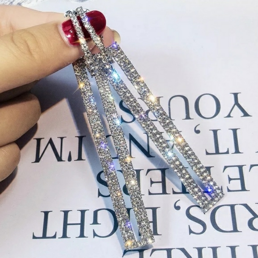Long Rhinestone Silver Rectangle Dangle Earrings